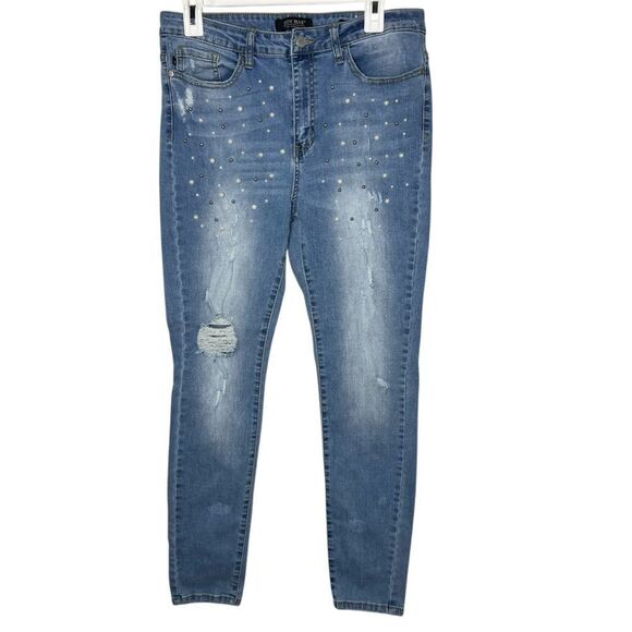 Judy Blue Skinny Fit Blue Denim Light Distressed Pearl Women Jeans Sz 13/31 - Picture 1 of 11